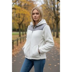 The North Face Osito Hooded Fleece Jacket Womens Medium White Grey Full Zip